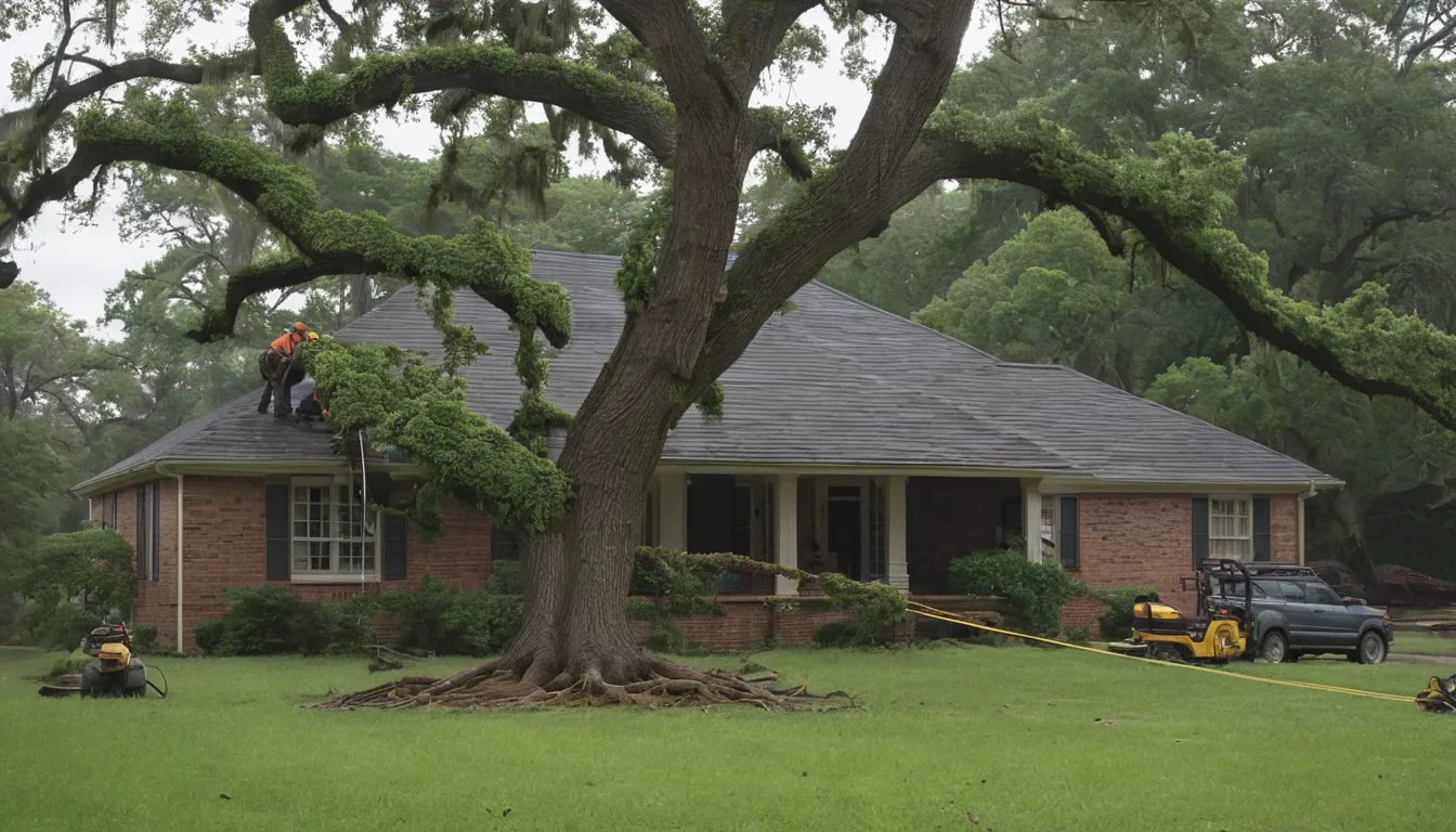 Tree provider crew safely removing a fallen tree from an older home's roof in Acworth