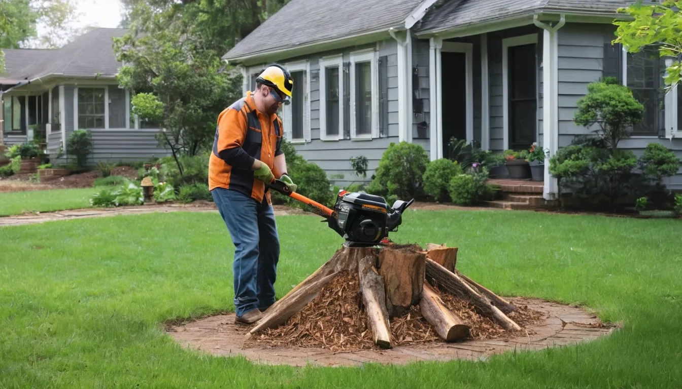 Stump grinder working on an old tree stump in a yard beside an older brick home in Acworth